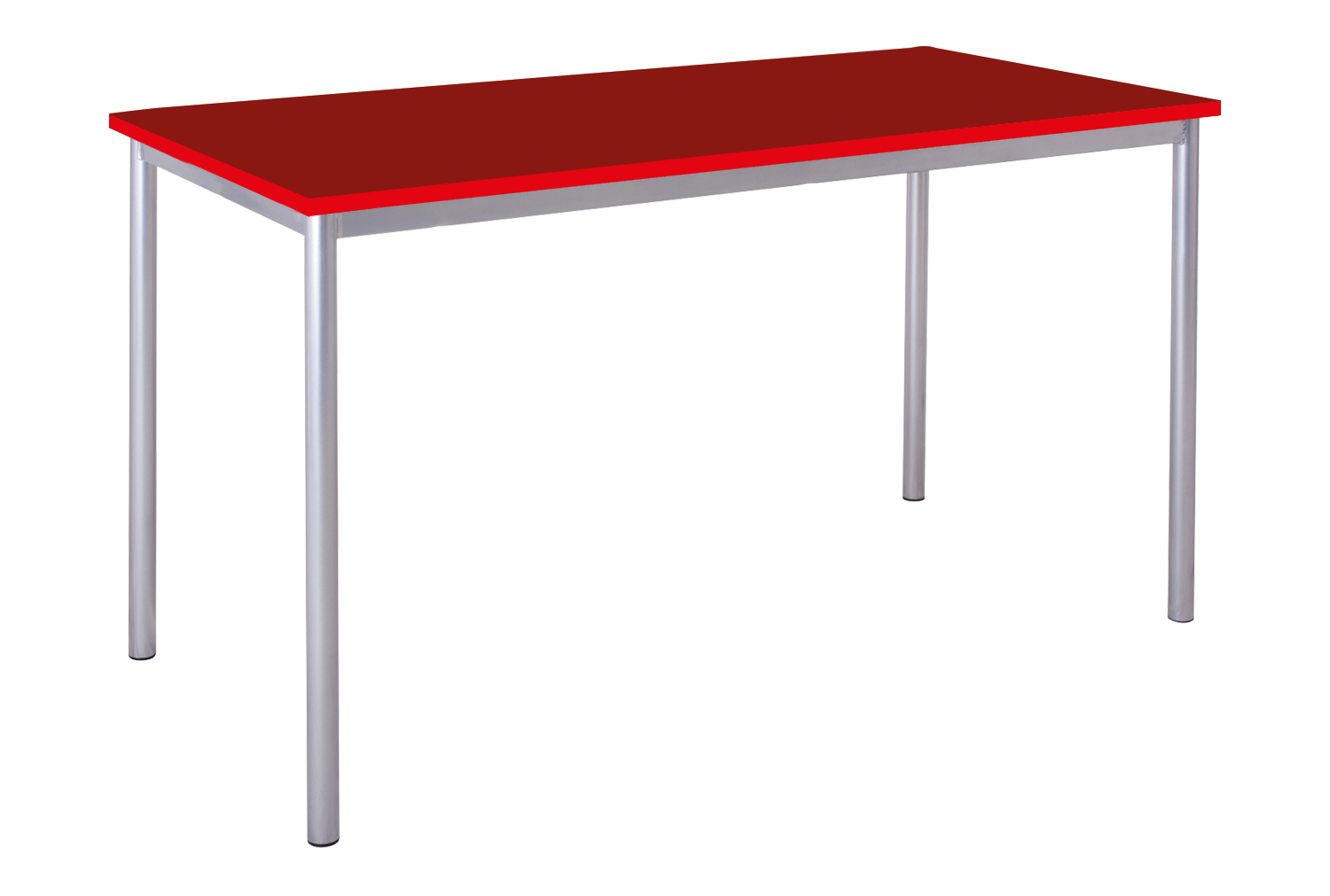 Qty 4 - Educate Premium Cylinder Leg Rectangular Classroom Table 14+ Years (PVC Edge), 150wx60dx76h (cm), Chrome Silver Frame, Red Top