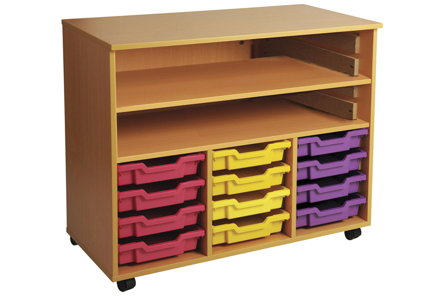 Triple Bay Art Storage With 12 Shallow Classroom Trays, Oak, Purple