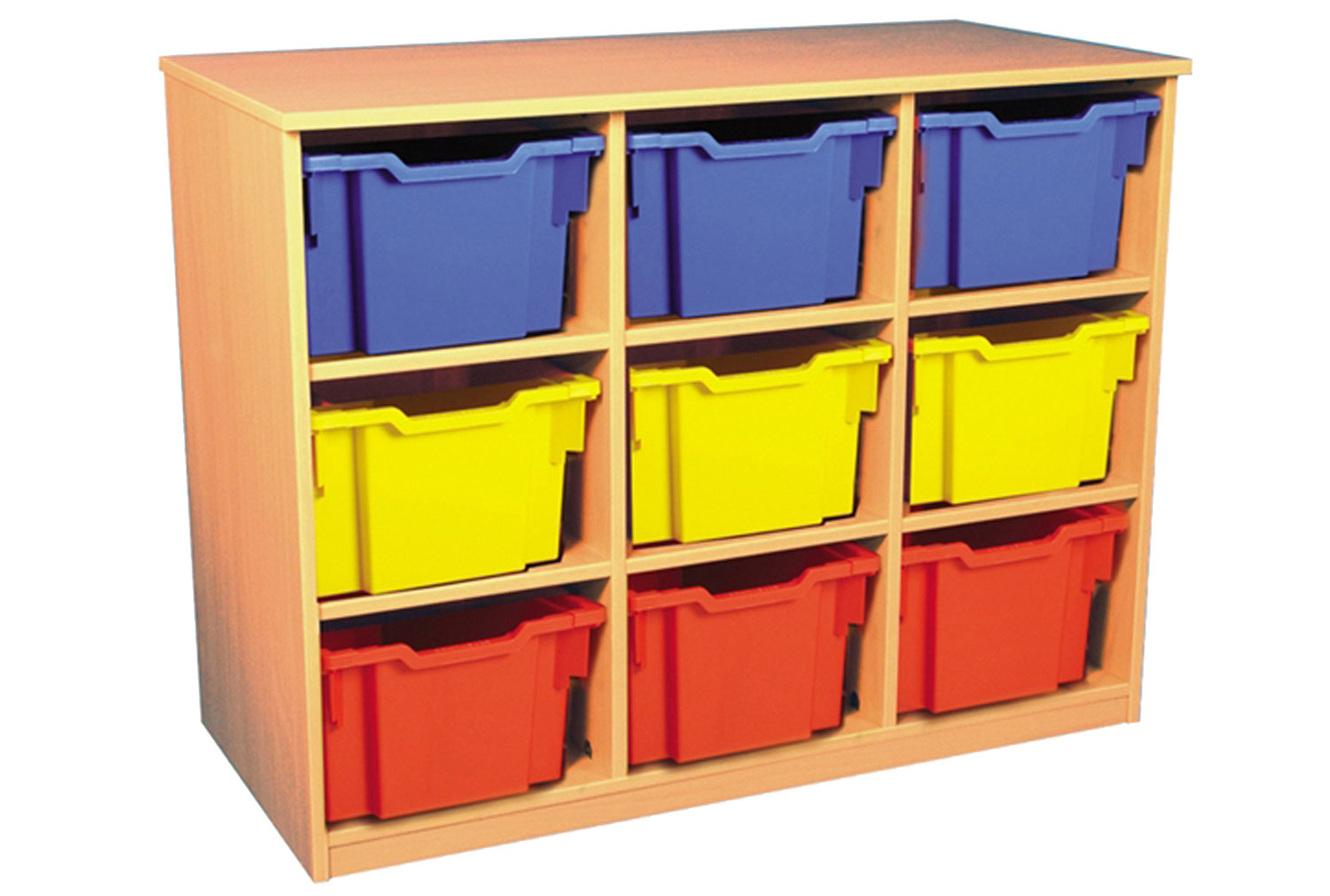 Triple Bay Static Storage Unit With 9 Extra Deep Classroom Trays, Oak/ Purple Classroom Trays