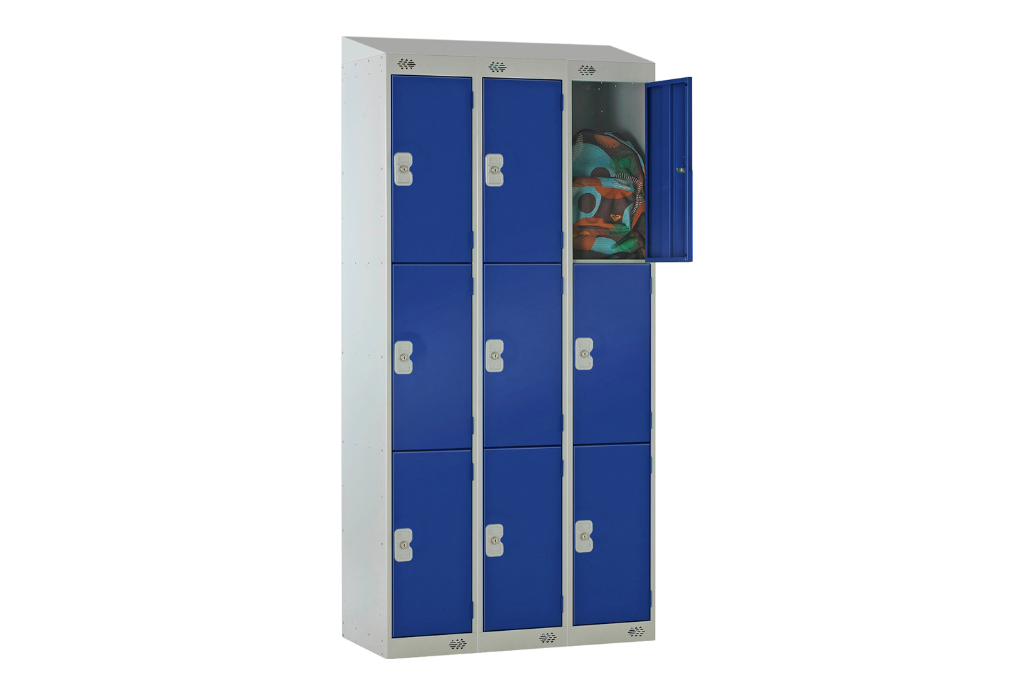 Economy 3 Door Locker Nest Of 3 With Sloping Top, 90wx45dx193/180h (cm), Hasp Lock, Blue