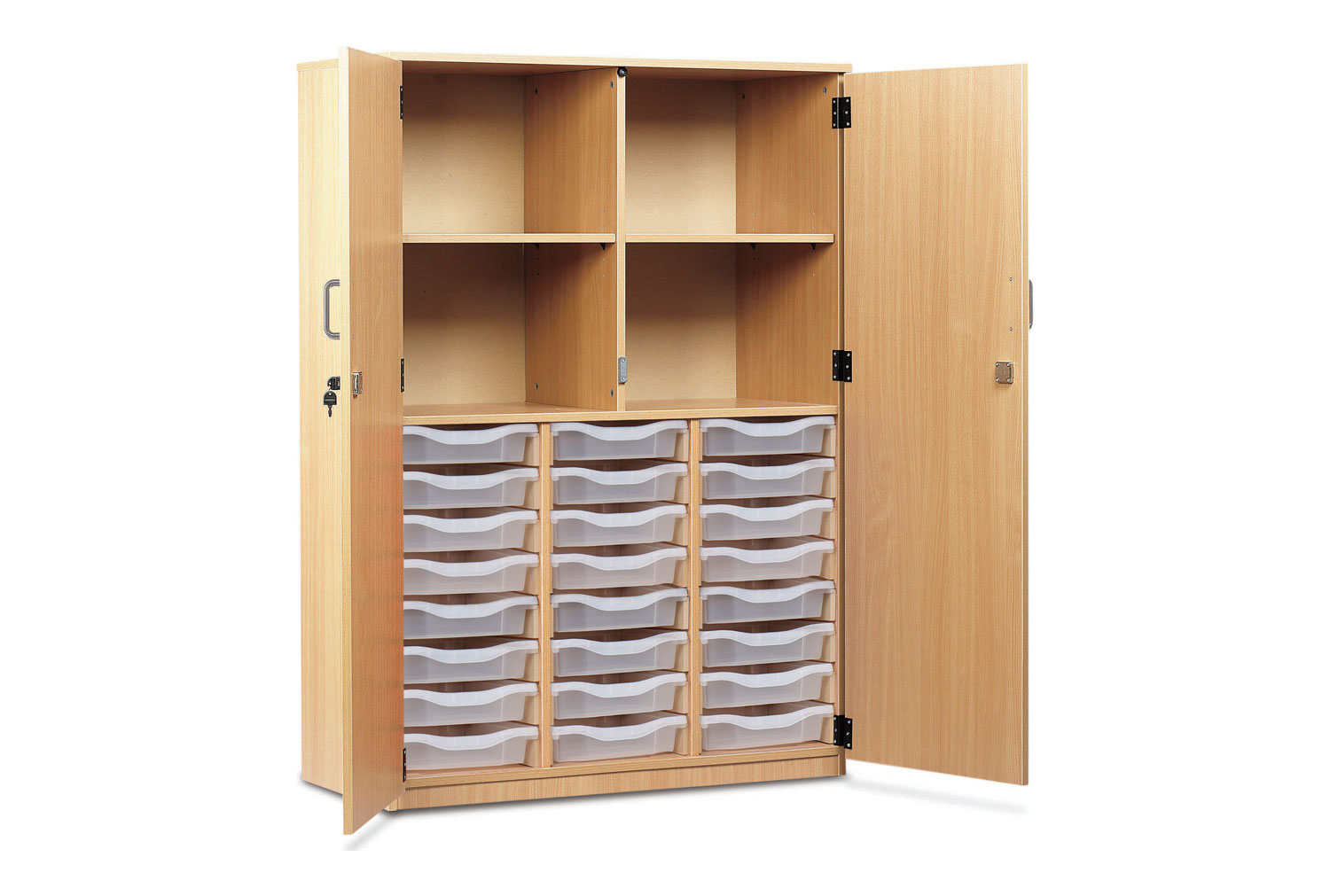 24 Tray Storage Classroom Cupboard With Full Doors, Green Trays