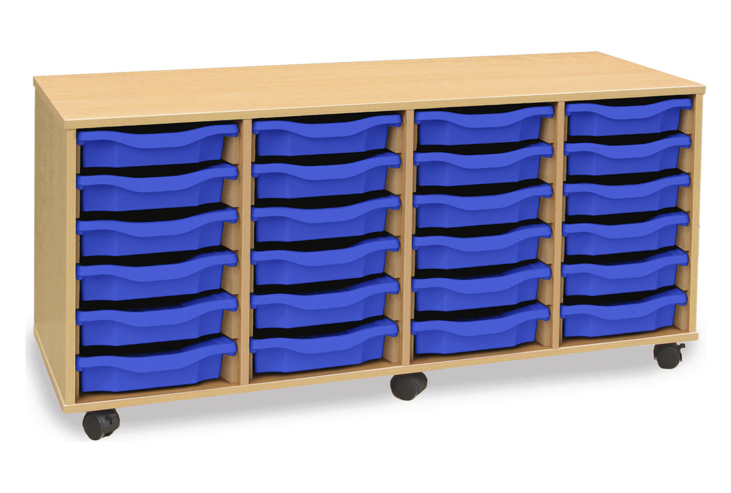 4 Bay Shallow Classroom Tray Storage With 24 Classroom Trays, Blue Classroom Trays