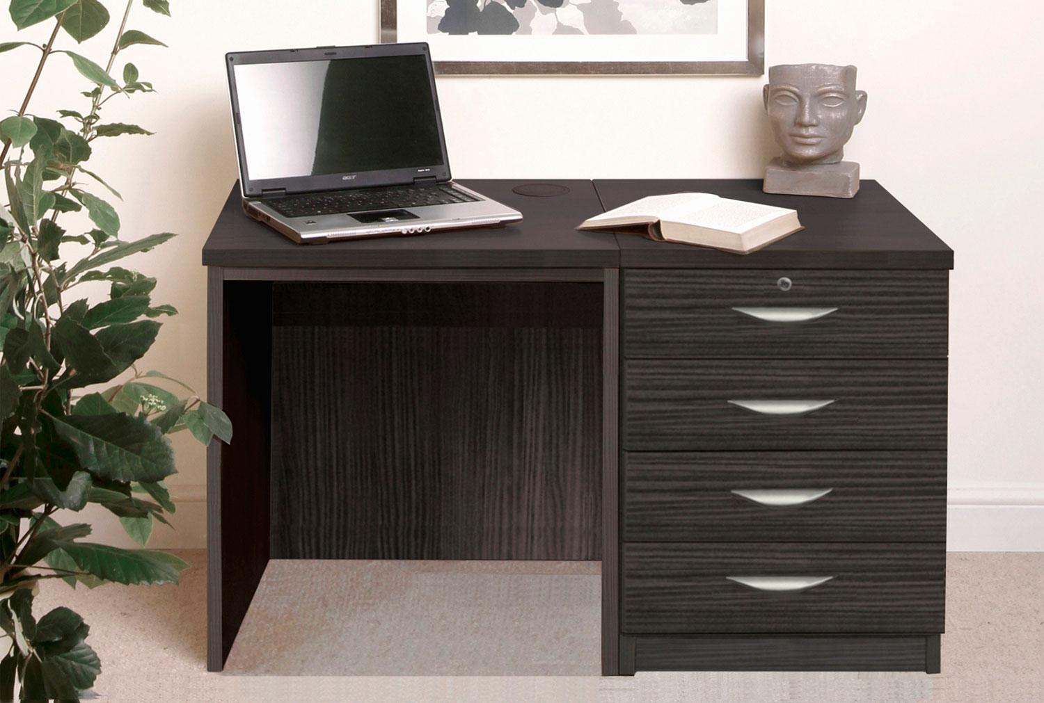 Small Office Home Office Desk Set With 4 Standard Drawers (Black Havana)