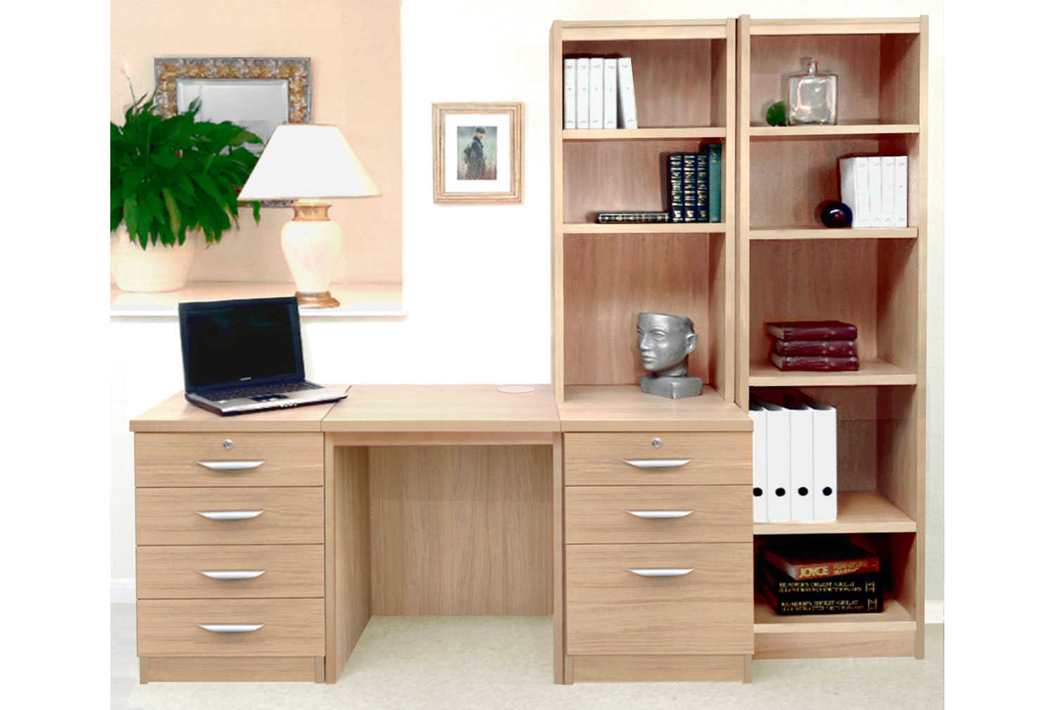 Small Office Home Office Desk Set With 4+3 Drawers & Bookcases (Sandstone)