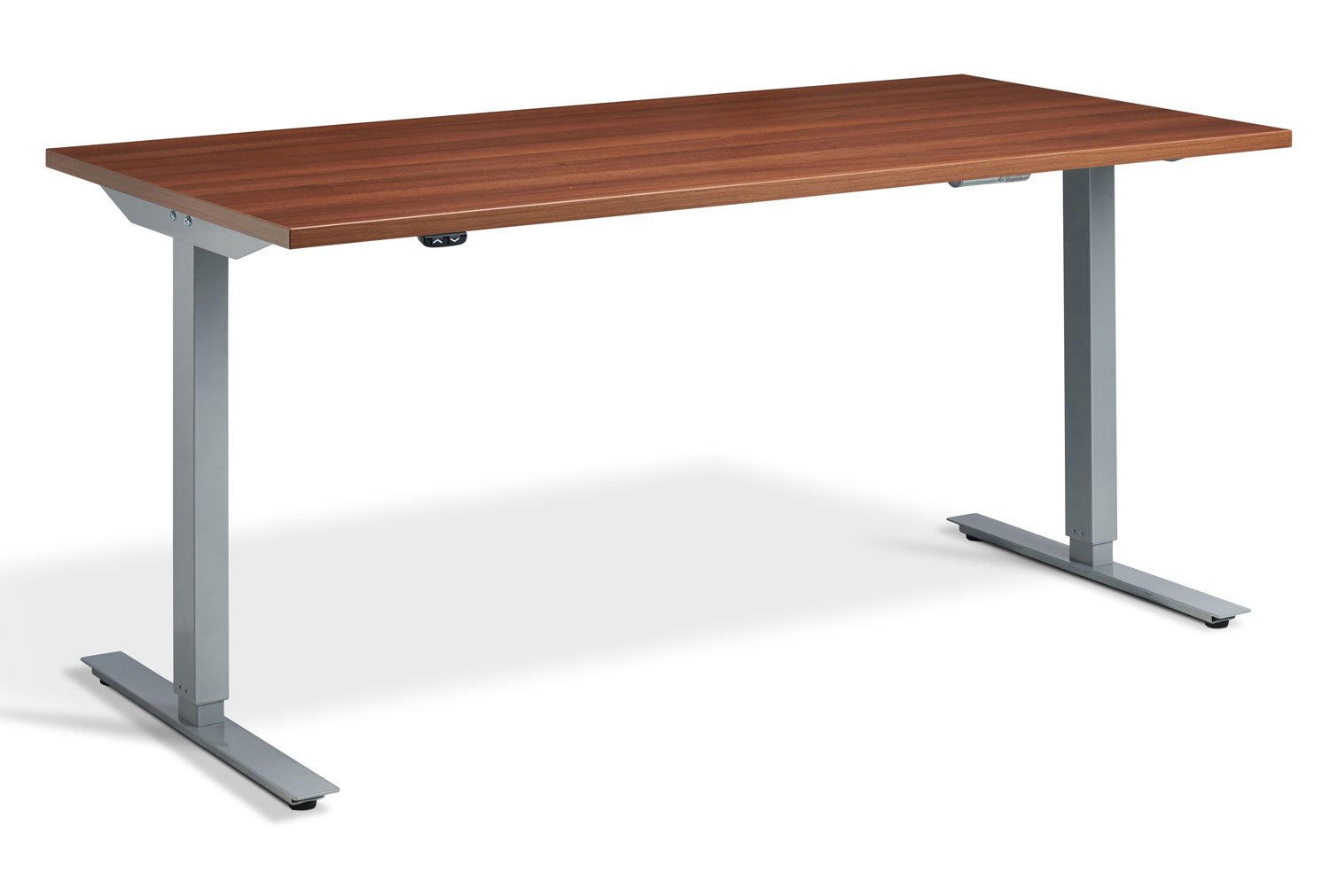 Calgary Dual Motor Height Adjustable Office Desk, 160wx80dx70-120h (cm), Silver Frame, Walnut, Express Delivery