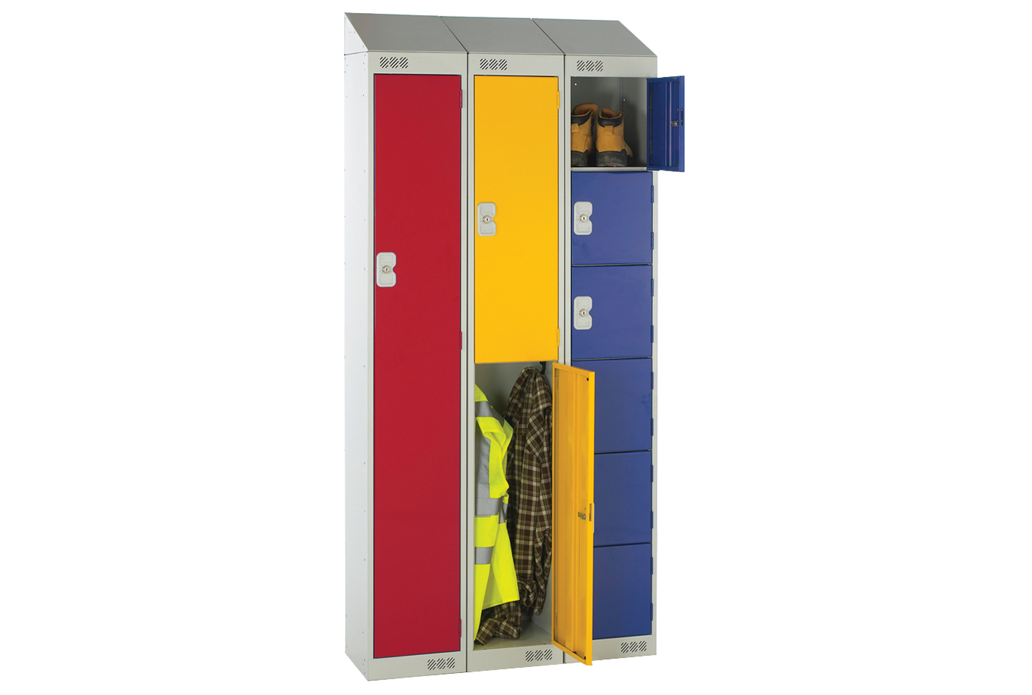 Deluxe Sloping Top Locker, 3 Door, 3 Nest, 30wx45dx180h (cm), Hasp Lock, Red
