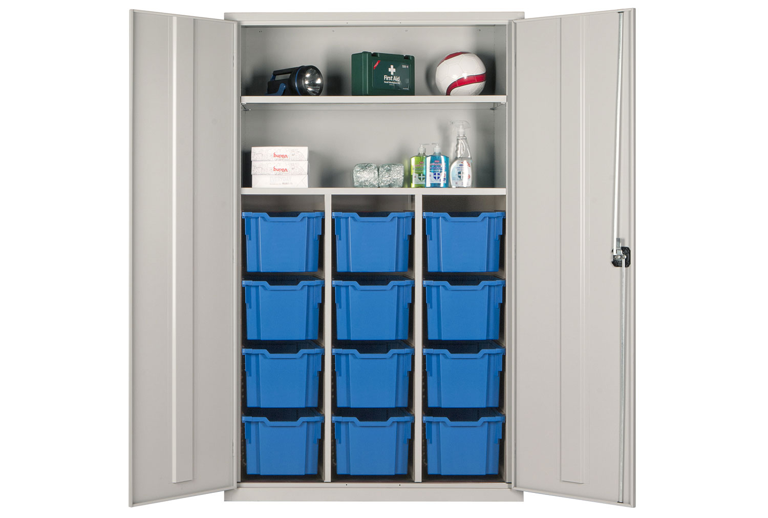 Elite Teachers Tray Storage Office Cupboards With 12 Extra Deep Trays, Black With Blue Trays