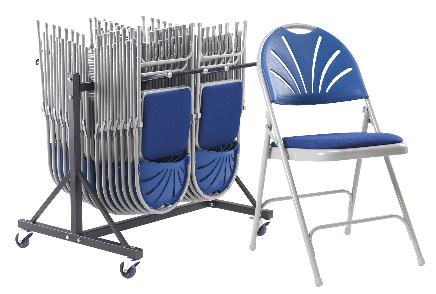 Fan Back Steel Upholstered Seat Folding Office Chair Bundle Deal (36 Office Chairs & 1 Trolley), Blue
