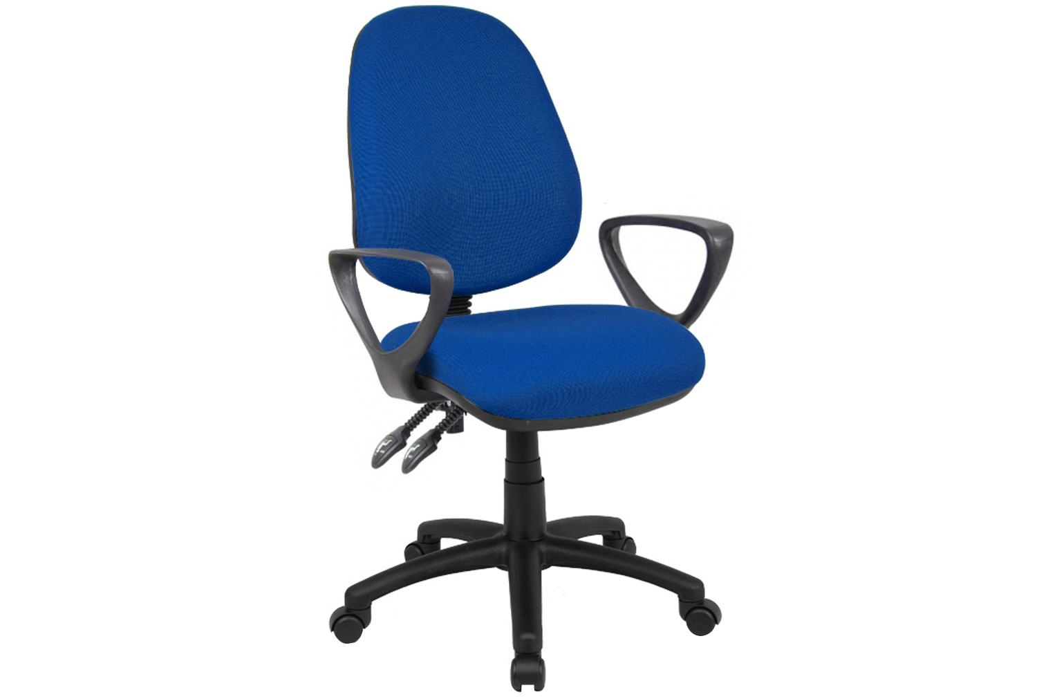 Full Lumbar 2 Lever Operator Office Chair With Fixed Arms, Blue, Fully Installed