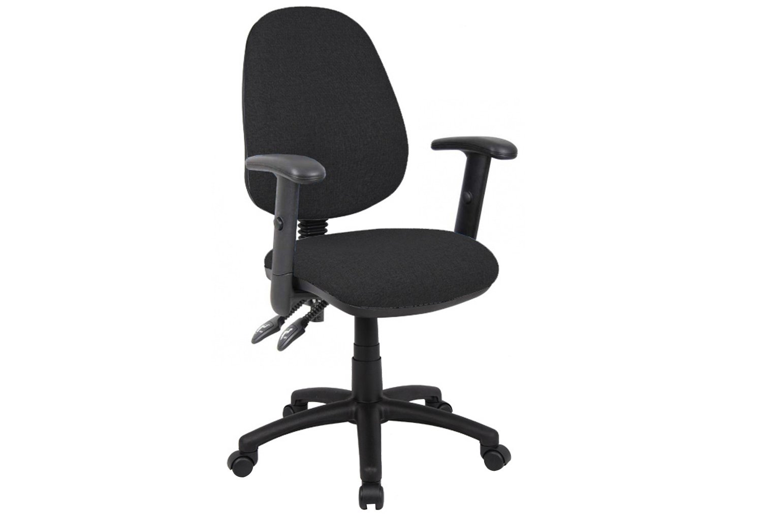 Full Lumbar 2 Lever Operator Office Chair With Adjustable Arms, Black, Fully Installed