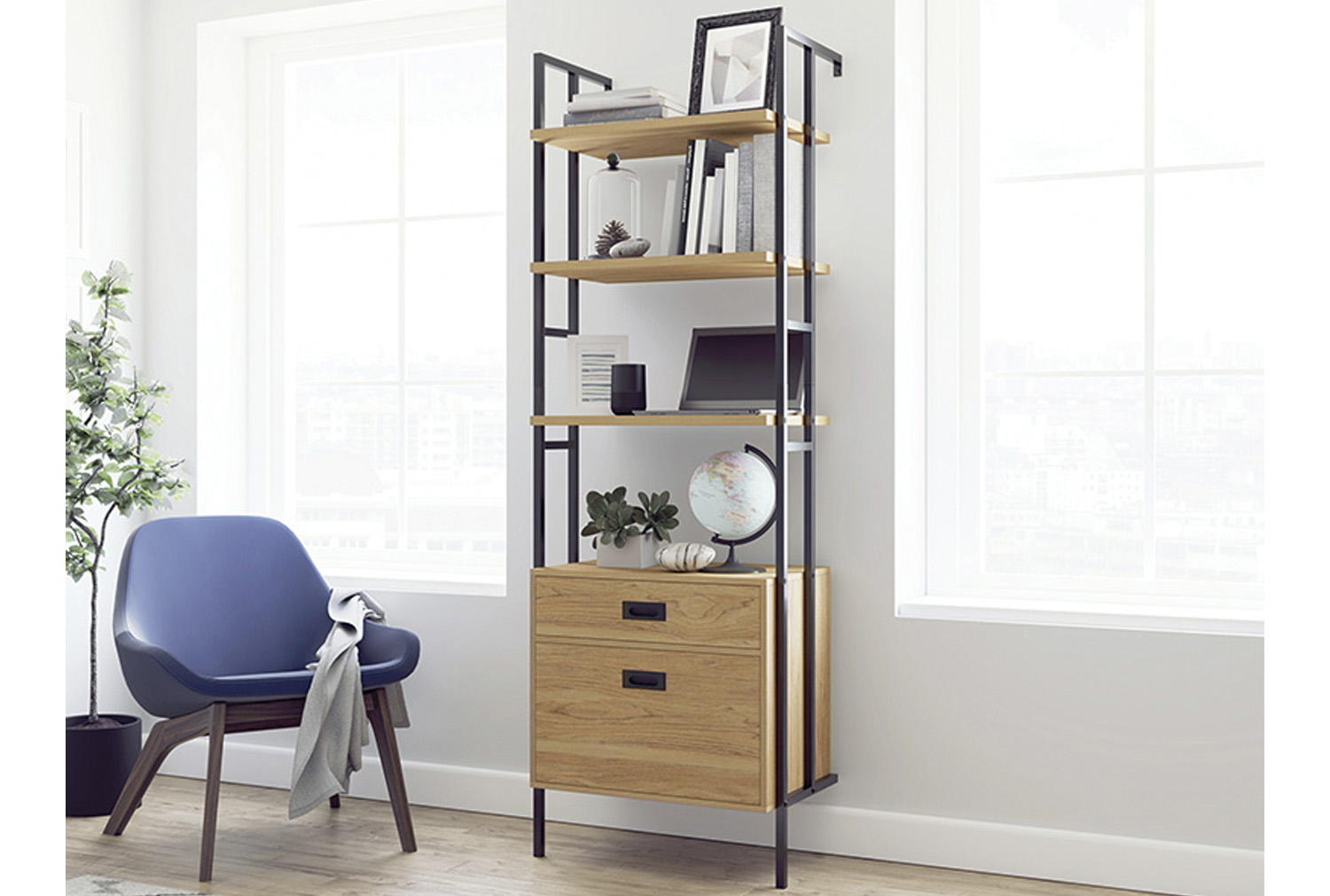 Orlando Wall Mounted 4 Shelf Office Bookcases With Drawers