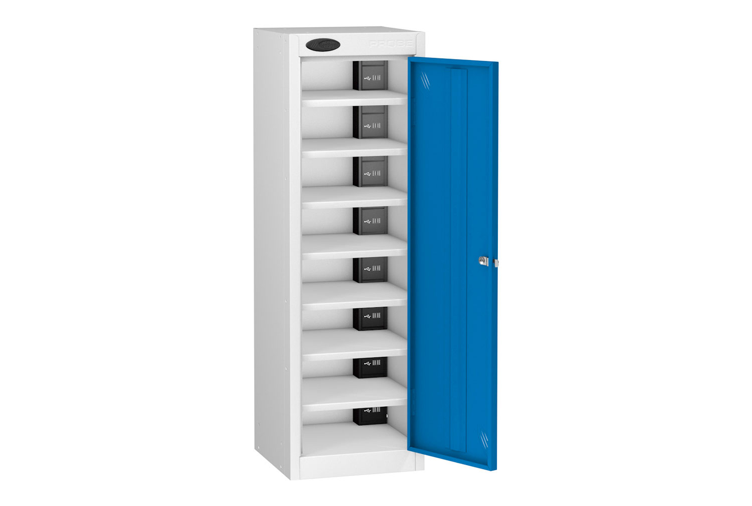 Probe Single Door Tablet Charging Lockers, 8 Compartments - 31wx37dx100h (cm), Hasp Lock, Blue