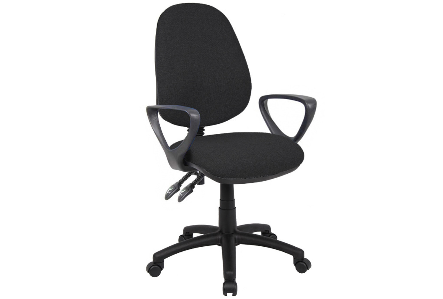 All Black 2 Lever Fabric Operator Office Chair With Fixed Arms, Fully Installed