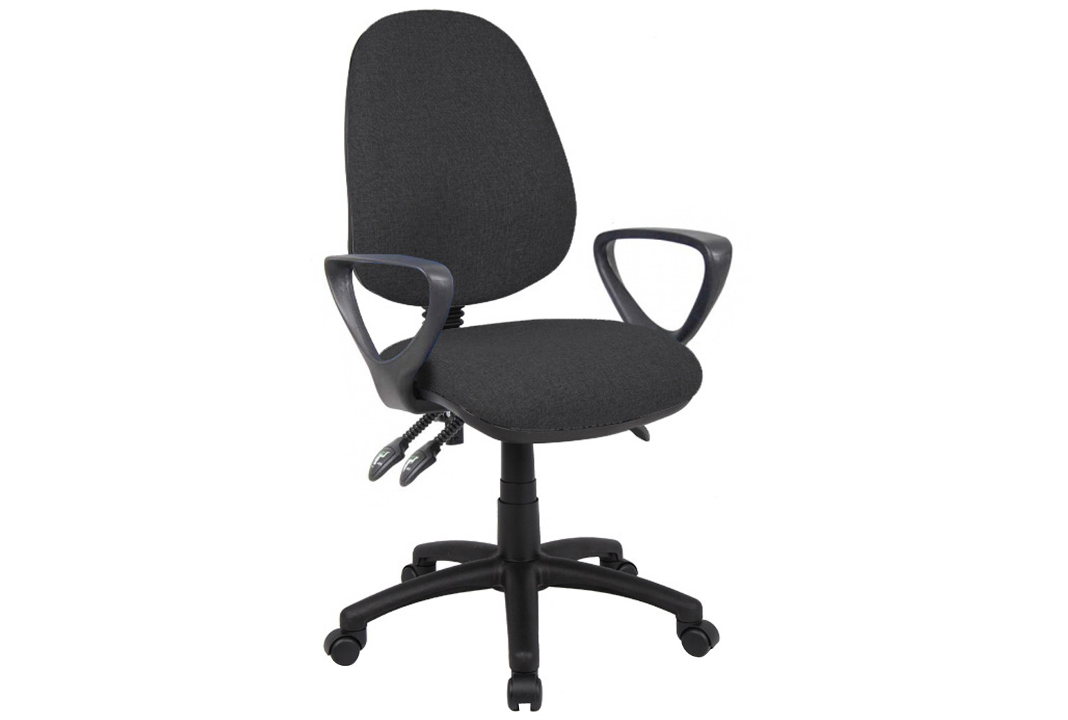 All Black 3 Lever Fabric Operator Office Chair With Fixed Arms, Express Delivery