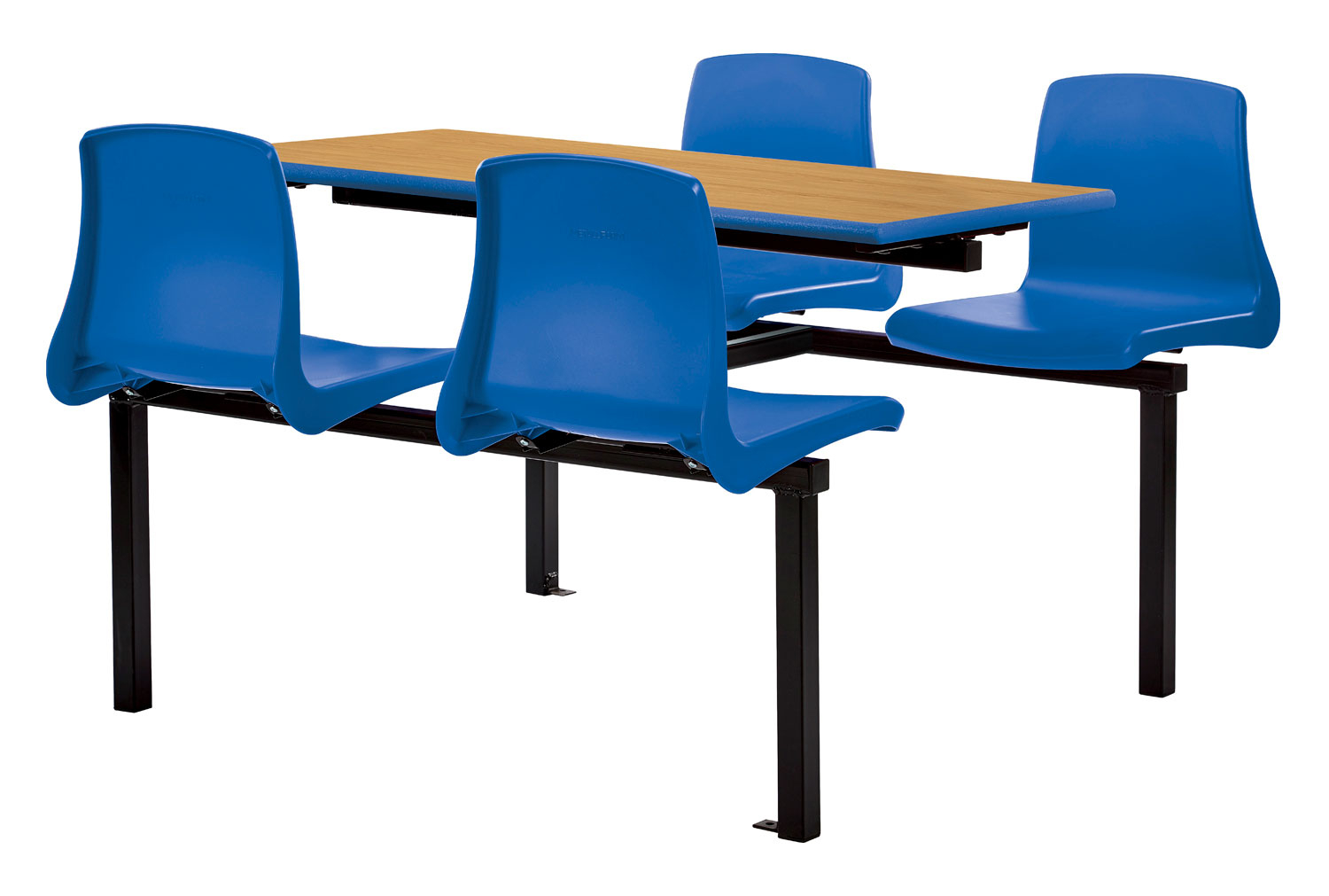 Metalliform 4 Seater Canteen Table & NP Classroom Chairs (Black Frame), Double Entry, Beech Top, Blue Seats