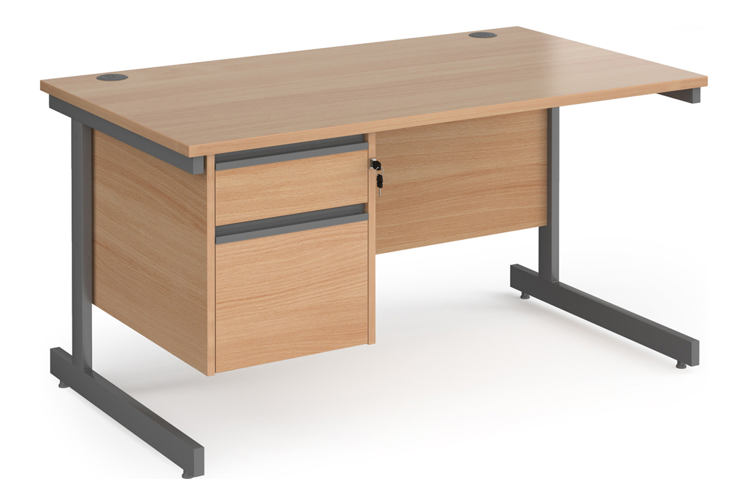 Value Line Classic+ Rectangular C-Leg Office Desk 2 Drawers (Graphite Leg), 140wx80dx73h (cm), Beech, Express Delivery