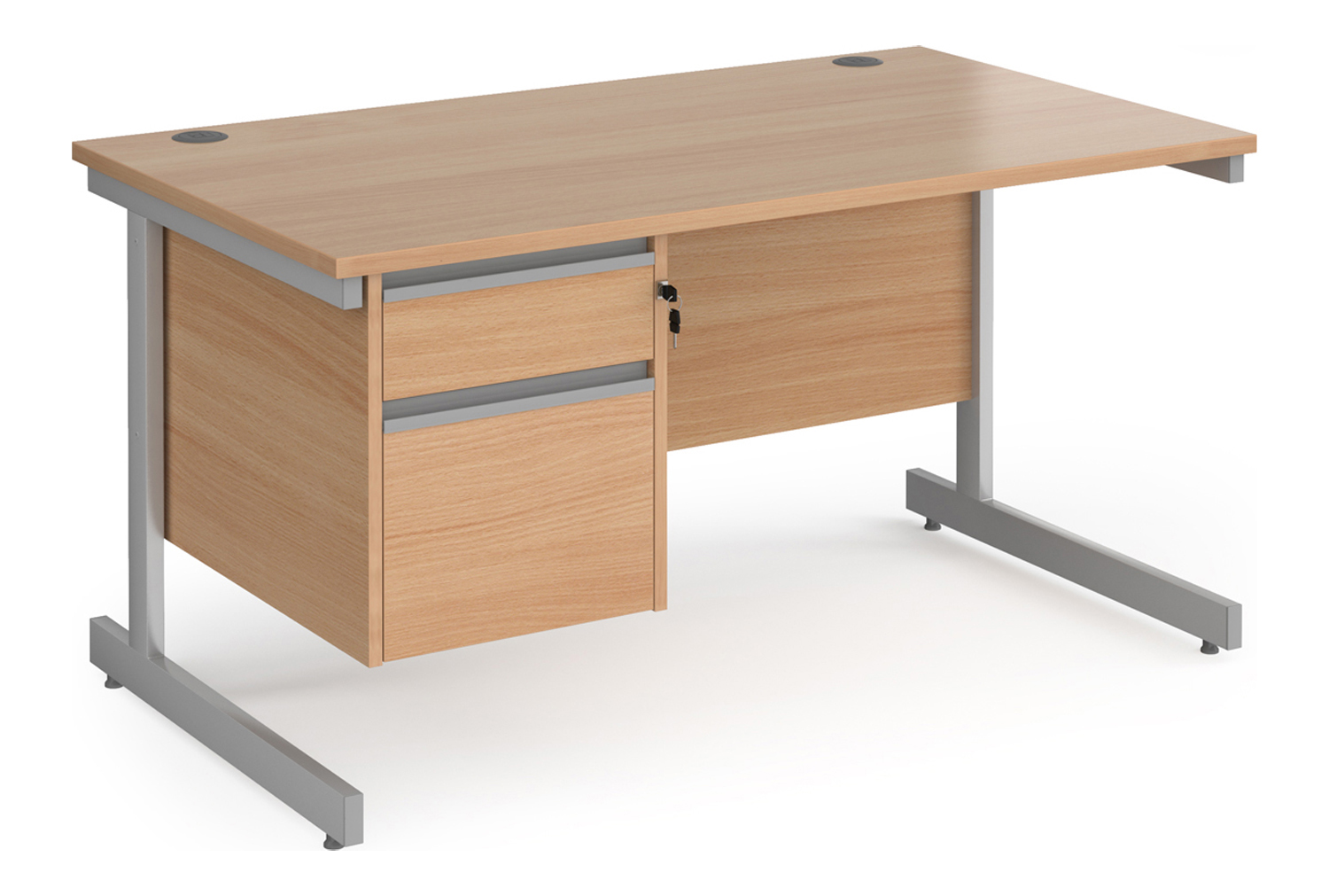 Value Line Classic+ Rectangular C-Leg Office Desk 2 Drawers (Silver Leg), 140wx80dx73h (cm), Oak, Express Delivery