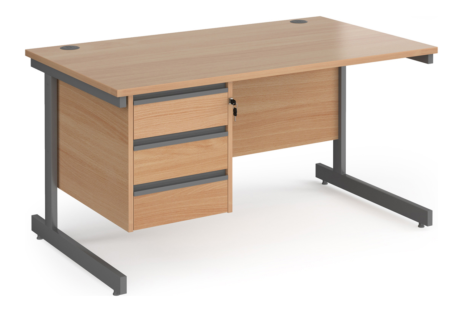 Value Line Classic+ Rectangular C-Leg Office Desk 3 Drawers (Graphite Leg), 140wx80dx73h (cm), Beech, Express Delivery