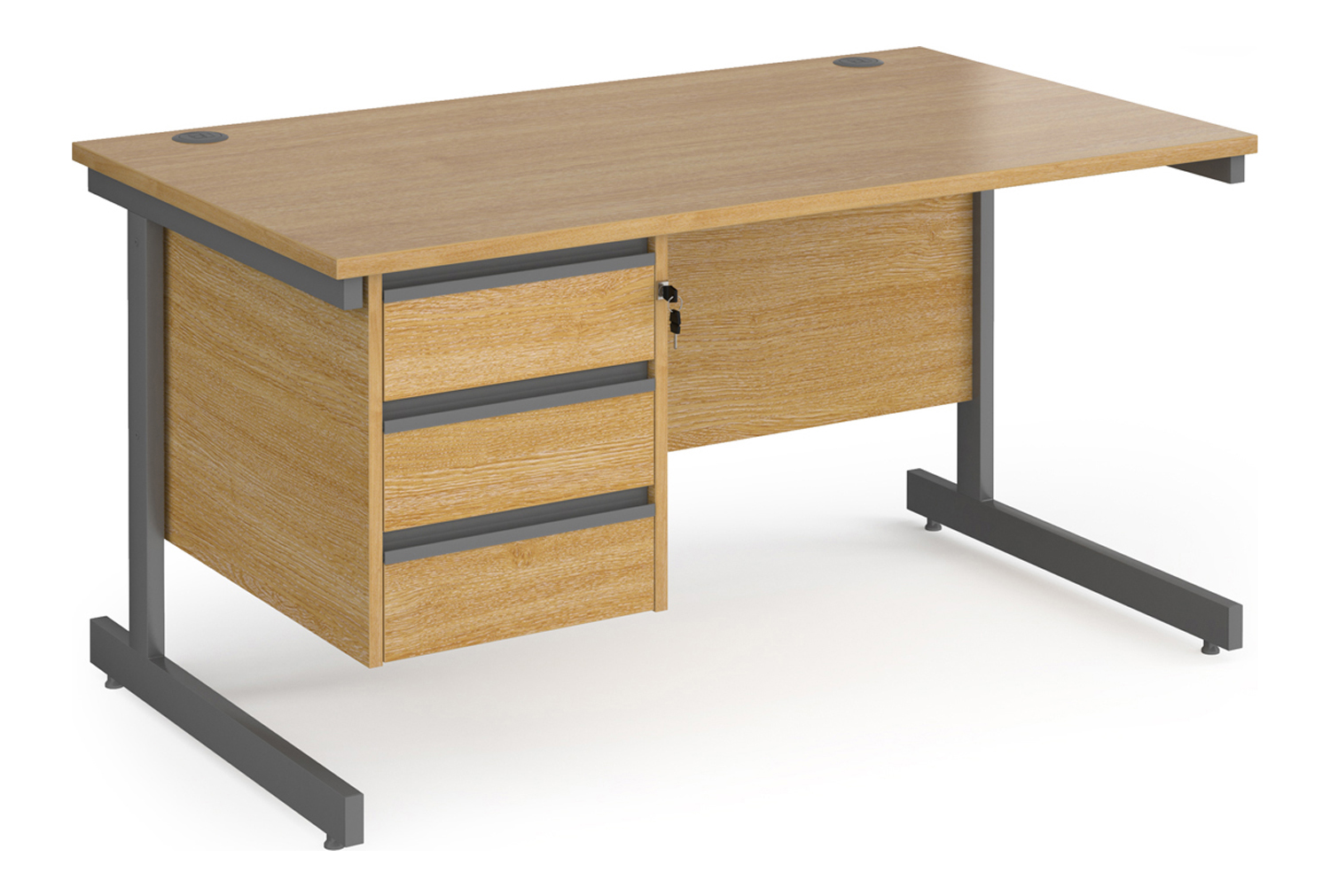 Value Line Classic+ Rectangular C-Leg Office Desk 3 Drawers (Graphite Leg), 140wx80dx73h (cm), Oak