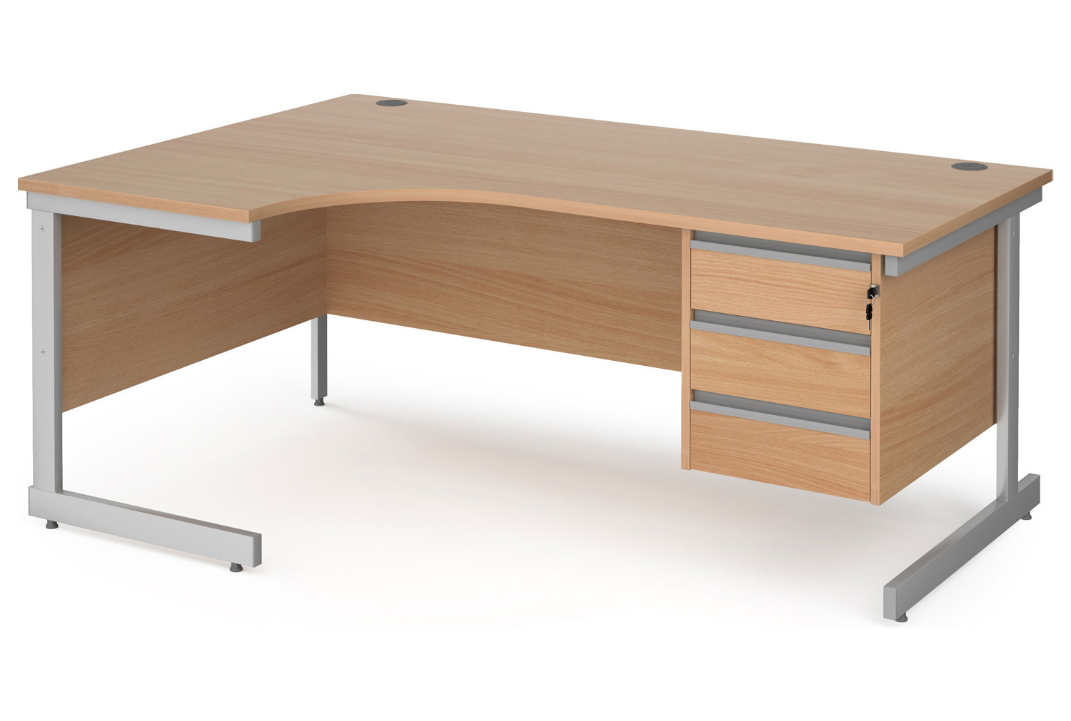 Value Line Classic+ C-Leg Left Ergo Office Desk 3 Drawers (Silver Leg), 160wx120/80dx73h (cm), Beech