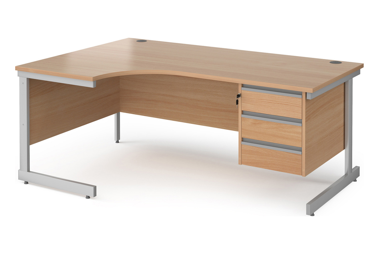 Value Line Classic+ C-Leg Left Ergo Office Desk 3 Drawers (Silver Leg), 180wx120/80dx73h (cm), Beech