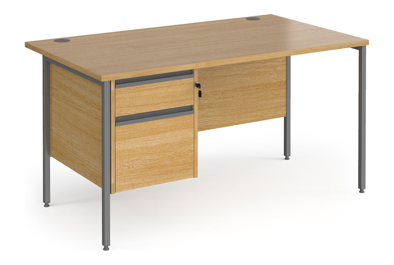 Value Line Classic+ Rectangular H-Leg Office Desk 2 Drawers (Graphite Leg), 140wx80dx73h (cm), Oak