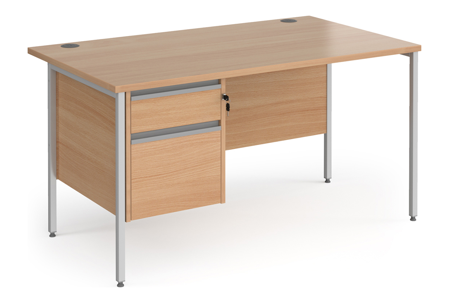 Value Line Classic+ Rectangular H-Leg Office Desk 2 Drawers (Silver Leg), 140wx80dx73h (cm), Beech, Express Delivery