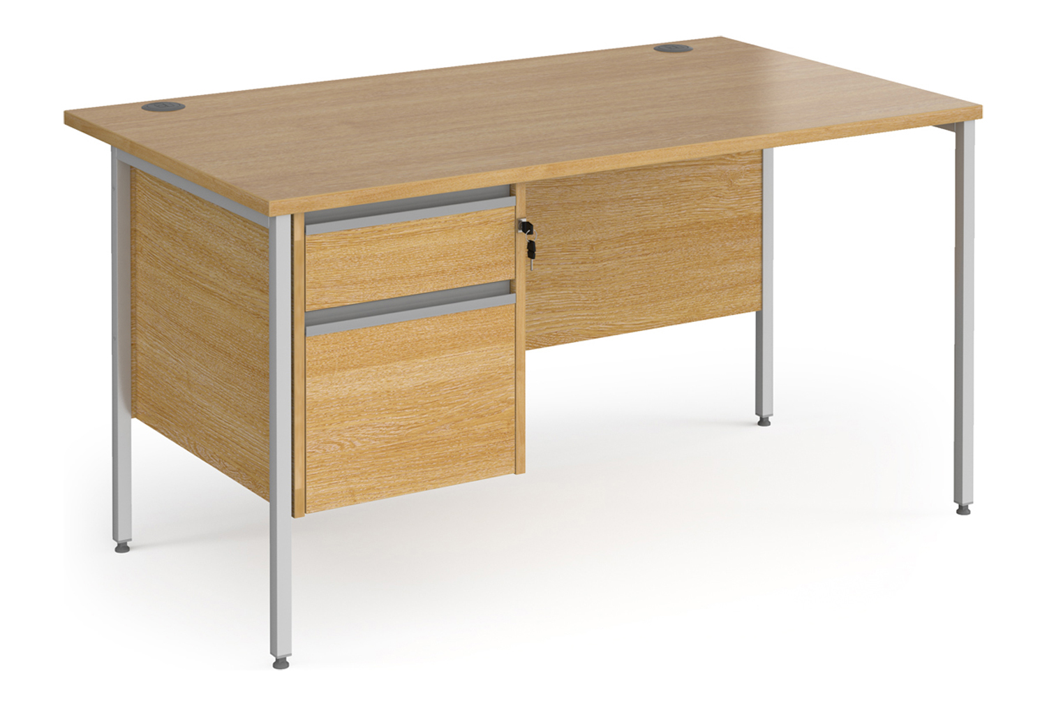 Value Line Classic+ Rectangular H-Leg Office Desk 2 Drawers (Silver Leg), 140wx80dx73h (cm), Oak, Fully Installed