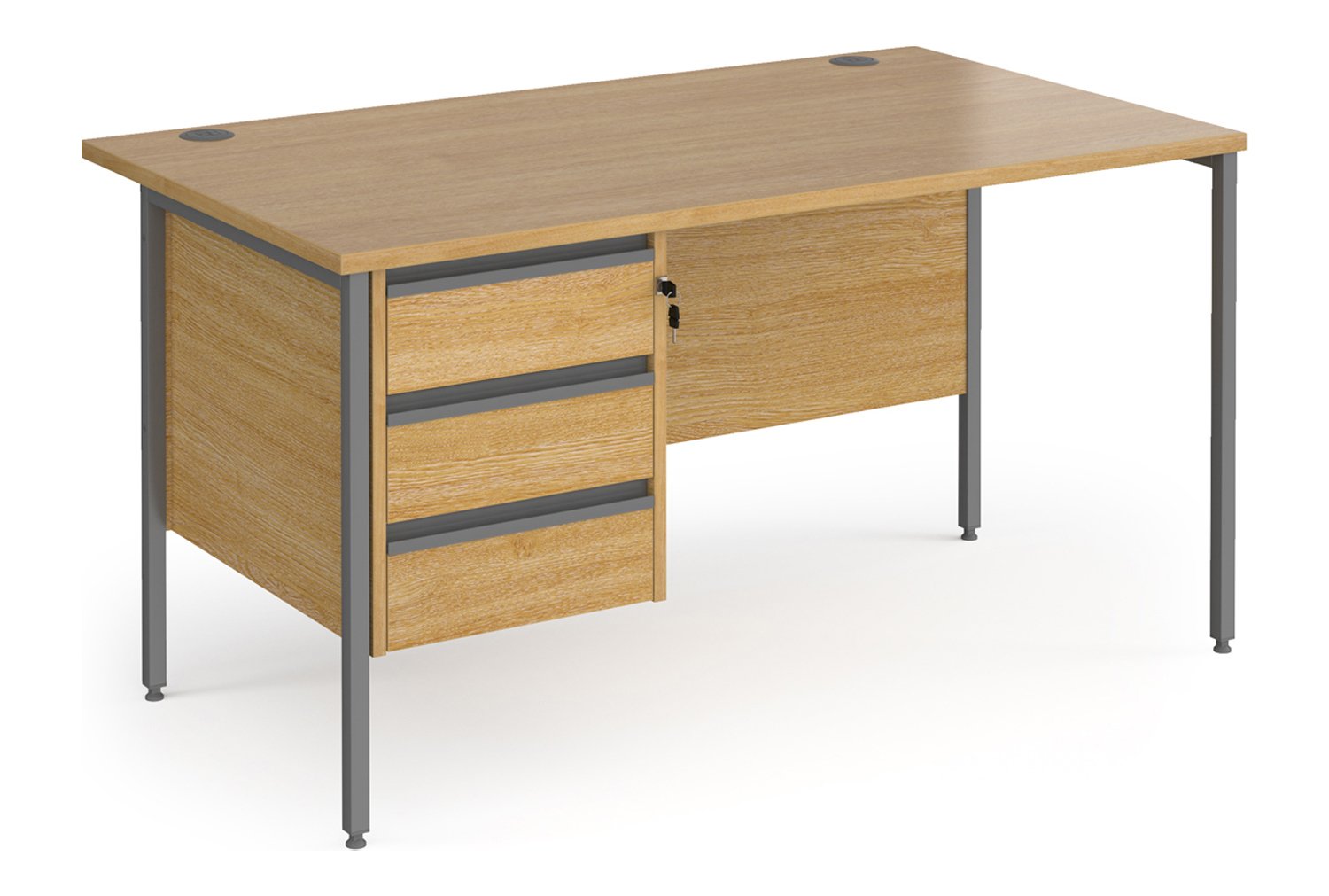 Value Line Classic+ Rectangular H-Leg Office Desk 3 Drawers (Graphite Leg), 140wx80dx73h (cm), Oak