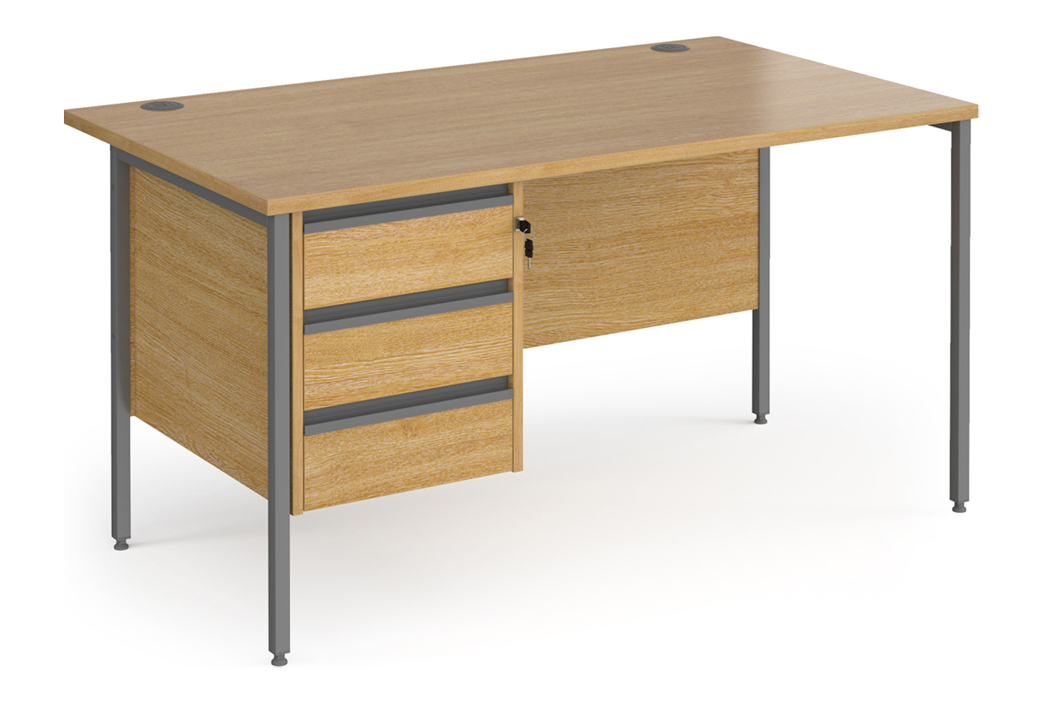 Value Line Classic+ Rectangular H-Leg Office Desk 3 Drawers (Graphite Leg), 140wx80dx73h (cm), Oak, Express Delivery