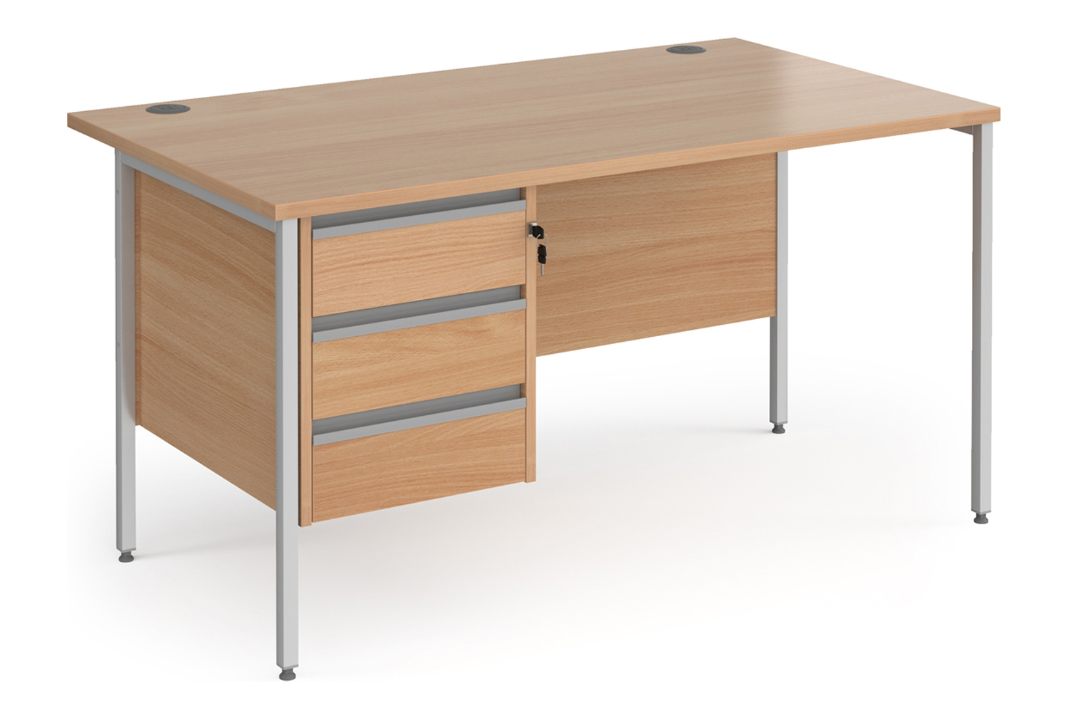 Value Line Classic+ Rectangular H-Leg Office Desk 3 Drawers (Silver Leg), 140wx80dx73h (cm), Beech, Express Delivery