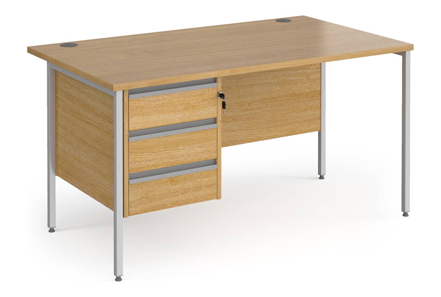 Value Line Classic+ Rectangular H-Leg Office Desk 3 Drawers (Silver Leg), 140wx80dx73h (cm), Oak, Fully Installed