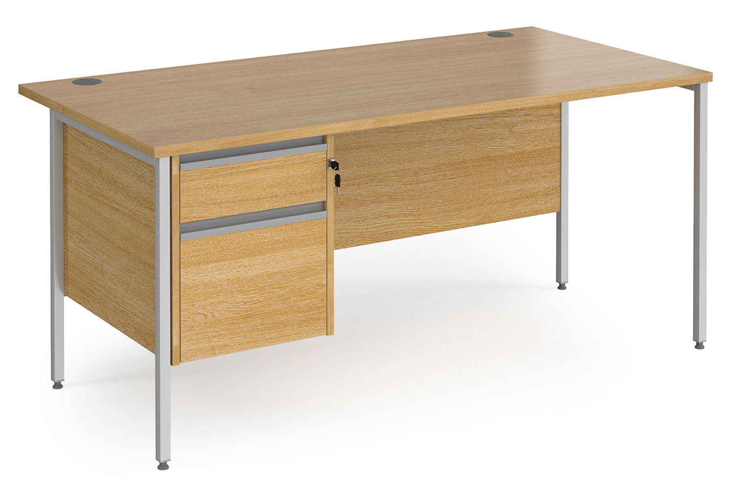 Value Line Classic+ Rectangular H-Leg Office Desk 2 Drawers (Silver Leg), 160wx80dx73h (cm), Oak