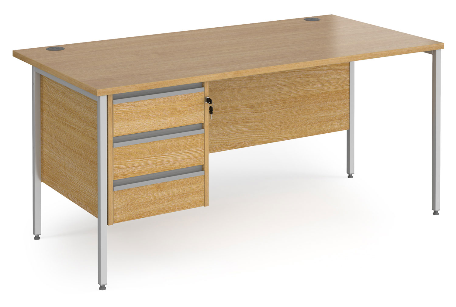 Value Line Classic+ Rectangular H-Leg Office Desk 3 Drawers (Silver Leg), 160wx80dx73h (cm), Oak