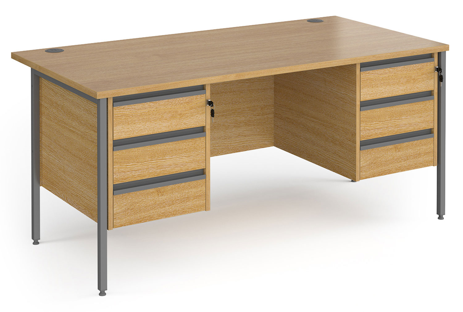 Value Line Classic+ Rectangular H-Leg Office Desk 3+3 Drawers (Graphite Leg), 160wx80dx73h (cm), Oak