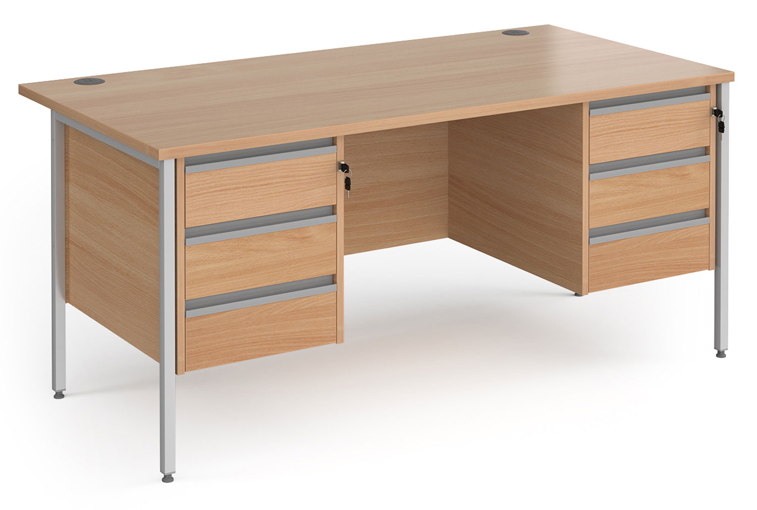 Value Line Classic+ Rectangular H-Leg Office Desk 3+3 Drawers (Silver Leg), 160wx80dx73h (cm), Beech