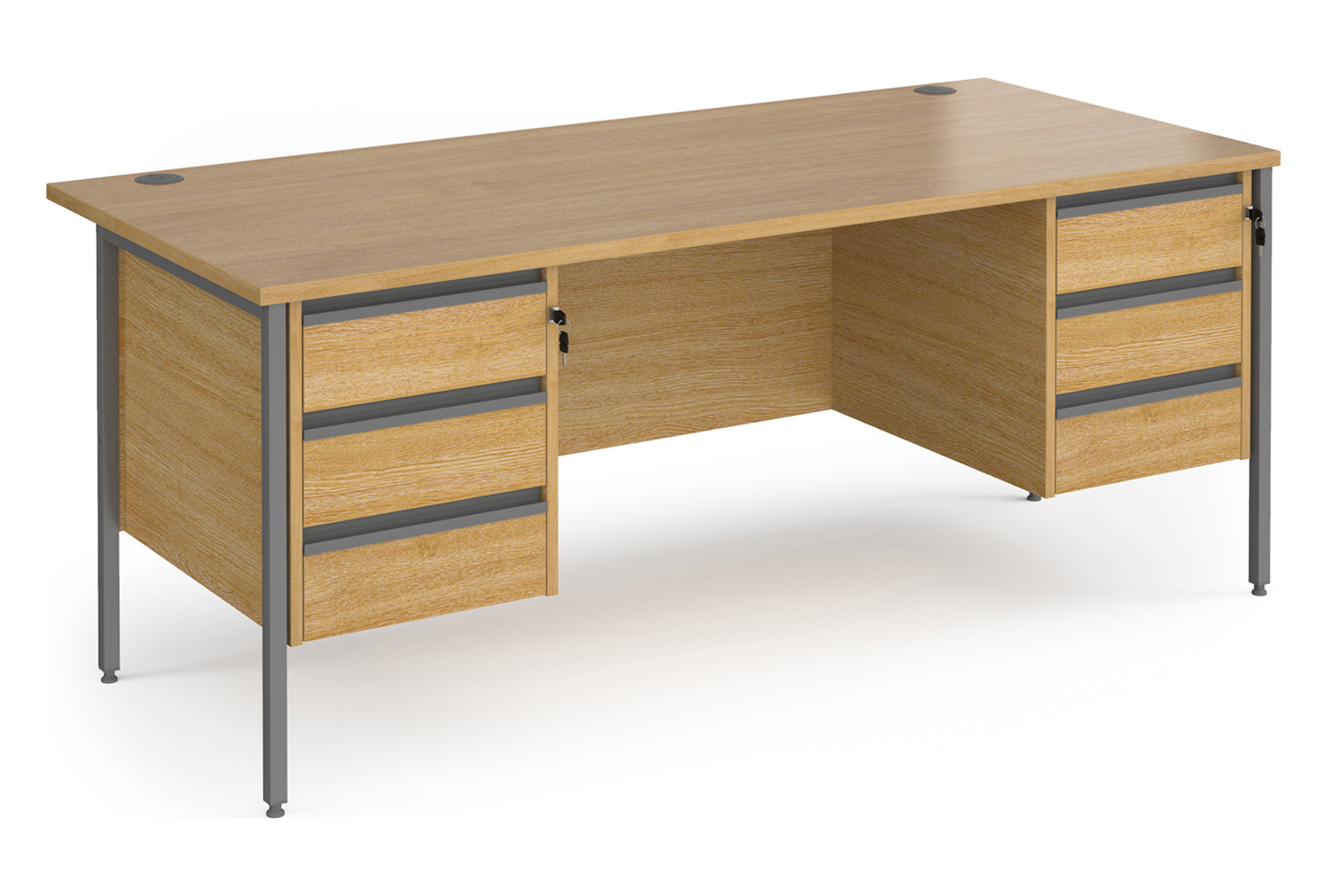 Value Line Classic+ Rectangular H-Leg Office Desk 3+3 Drawers (Graphite Leg), 180wx80dx73h (cm), Oak
