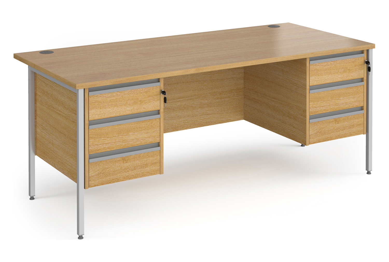 Value Line Classic+ Rectangular H-Leg Office Desk 3+3 Drawers (Silver Leg), 180wx80dx73h (cm), Oak