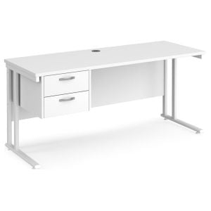 All White Premium C-Leg Narrow Rectangular Desk 2 Drawers 