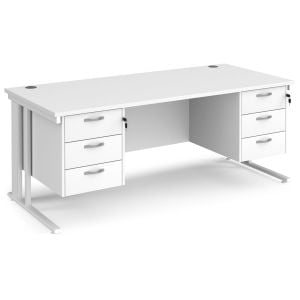 All White Premium Cable Managed Rectangular Desk 3+3 Drawers 