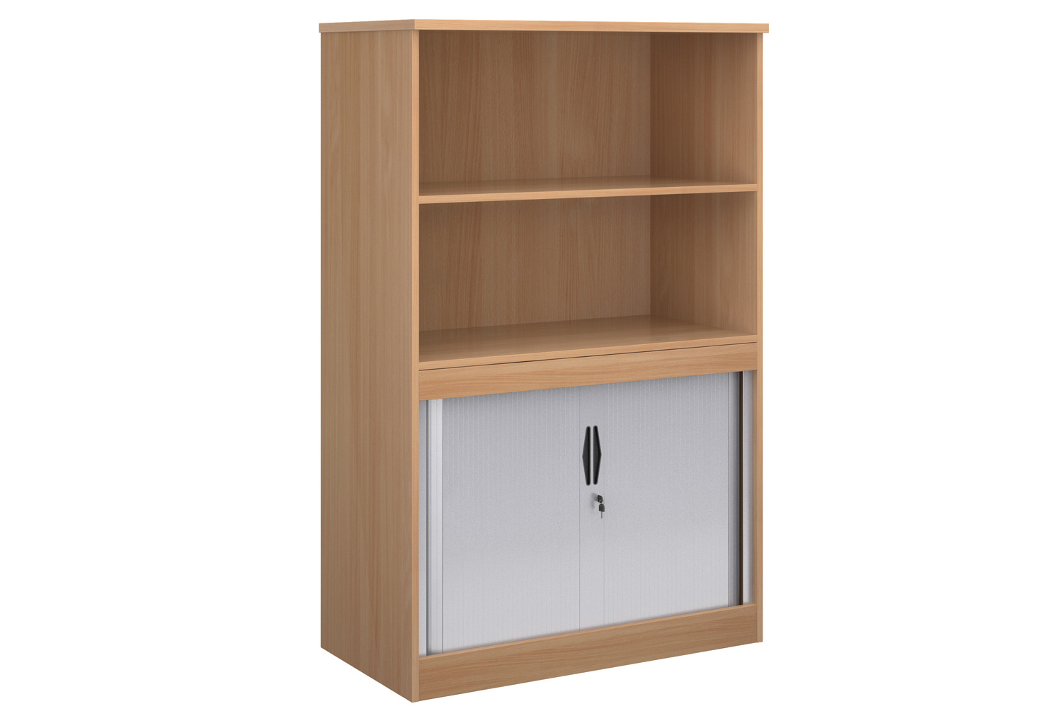 Multi Storage Open Top Tambour Office Cupboards, 2 Shelf - 102wx55dx160h (cm), Beech, Fully Installed