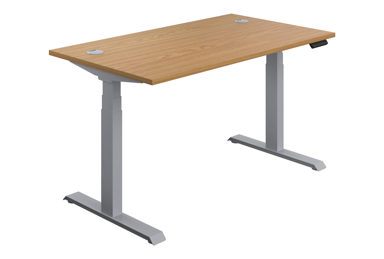 Progress Economy Height Adjustable Office Desk, 140wx80dx65-129h (cm), Silver Frame, Oak, Express Delivery