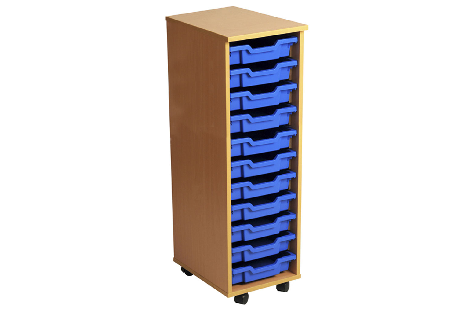 Primary Single Column Mobile Classroom Tray Storage Unit With 11 Shallow Classroom Trays, Beech/ Blue Classroom Trays