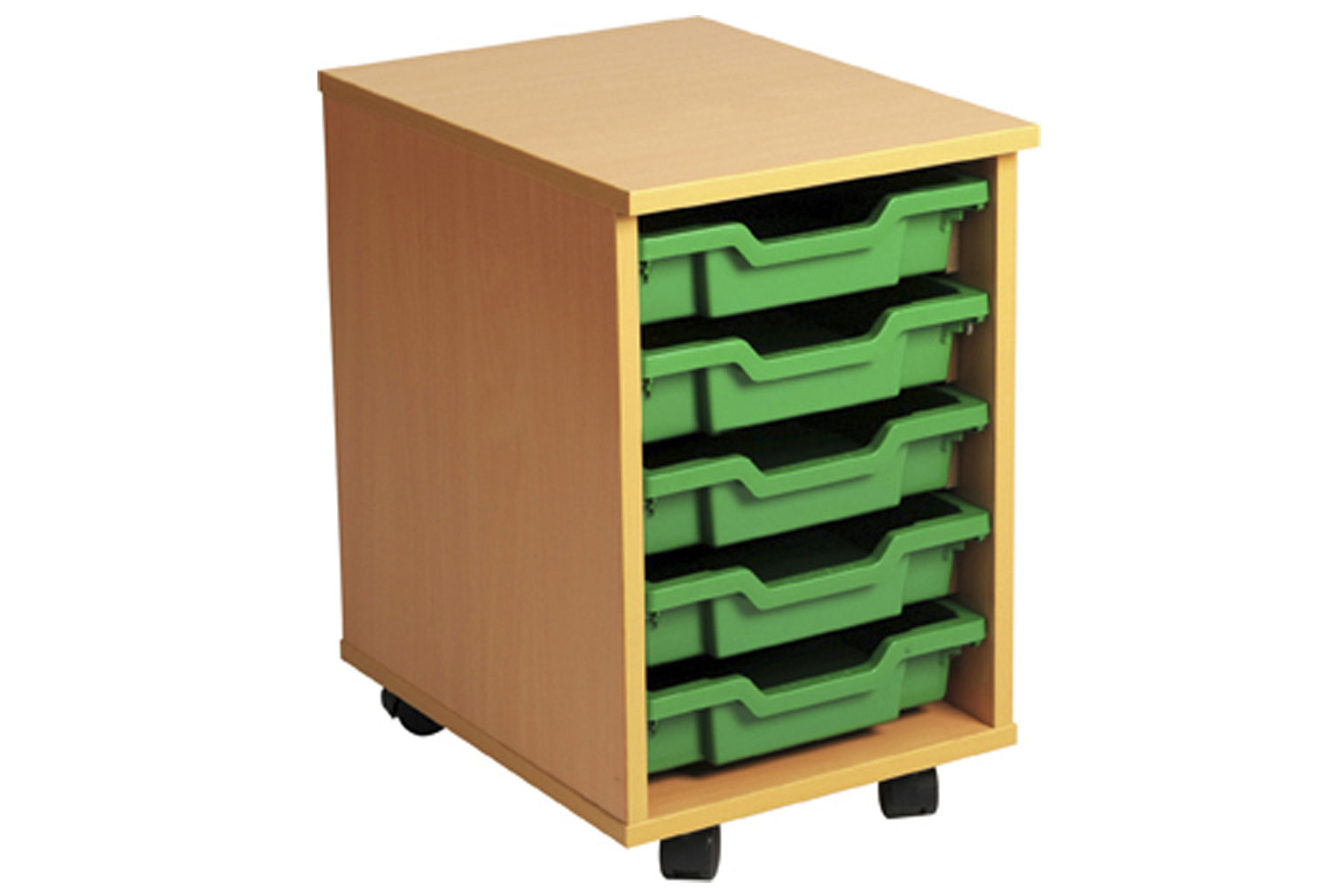 Primary Single Column Mobile Classroom Tray Storage Unit With 5 Shallow Classroom Trays, Beech/ Green Classroom Trays