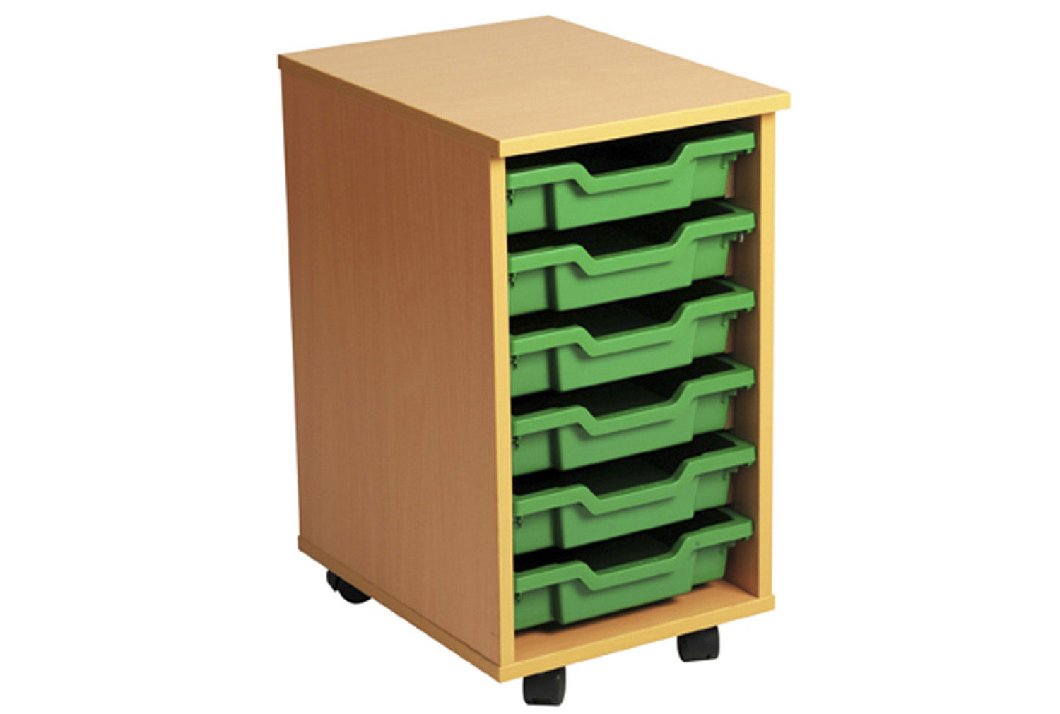 Primary Single Column Mobile Classroom Tray Storage Unit With 7 Shallow Classroom Trays, Beech/ Green Classroom Trays