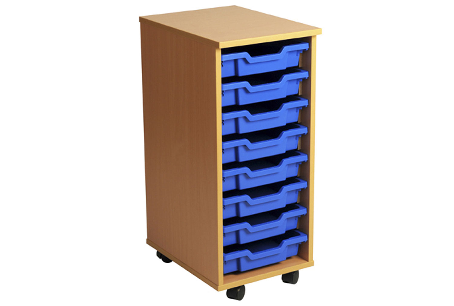 Primary Single Column Mobile Classroom Tray Storage Unit With 8 Shallow Classroom Trays, Beech/ Translucent Classroom Trays