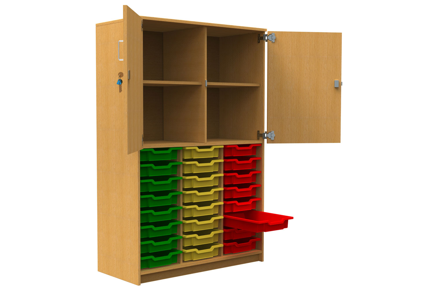Tall Tray Storage Classroom Cupboard With Half Upper Doors, Beech/Red Trays