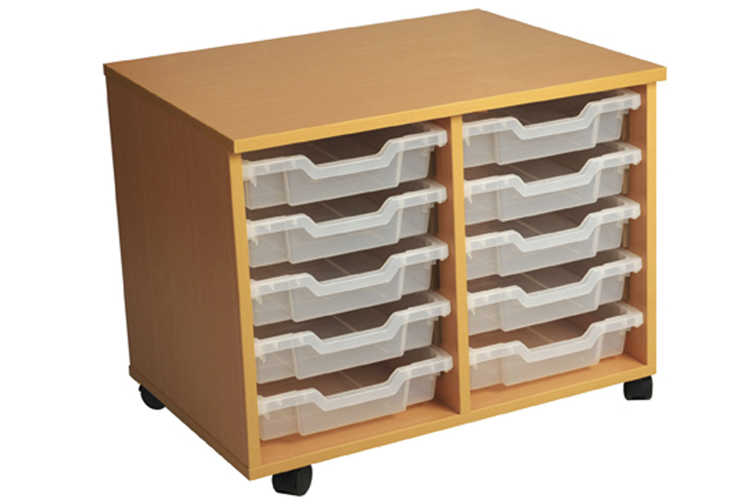 Primary Double Column Mobile Tray Storage Unit With 10 Shallow Trays