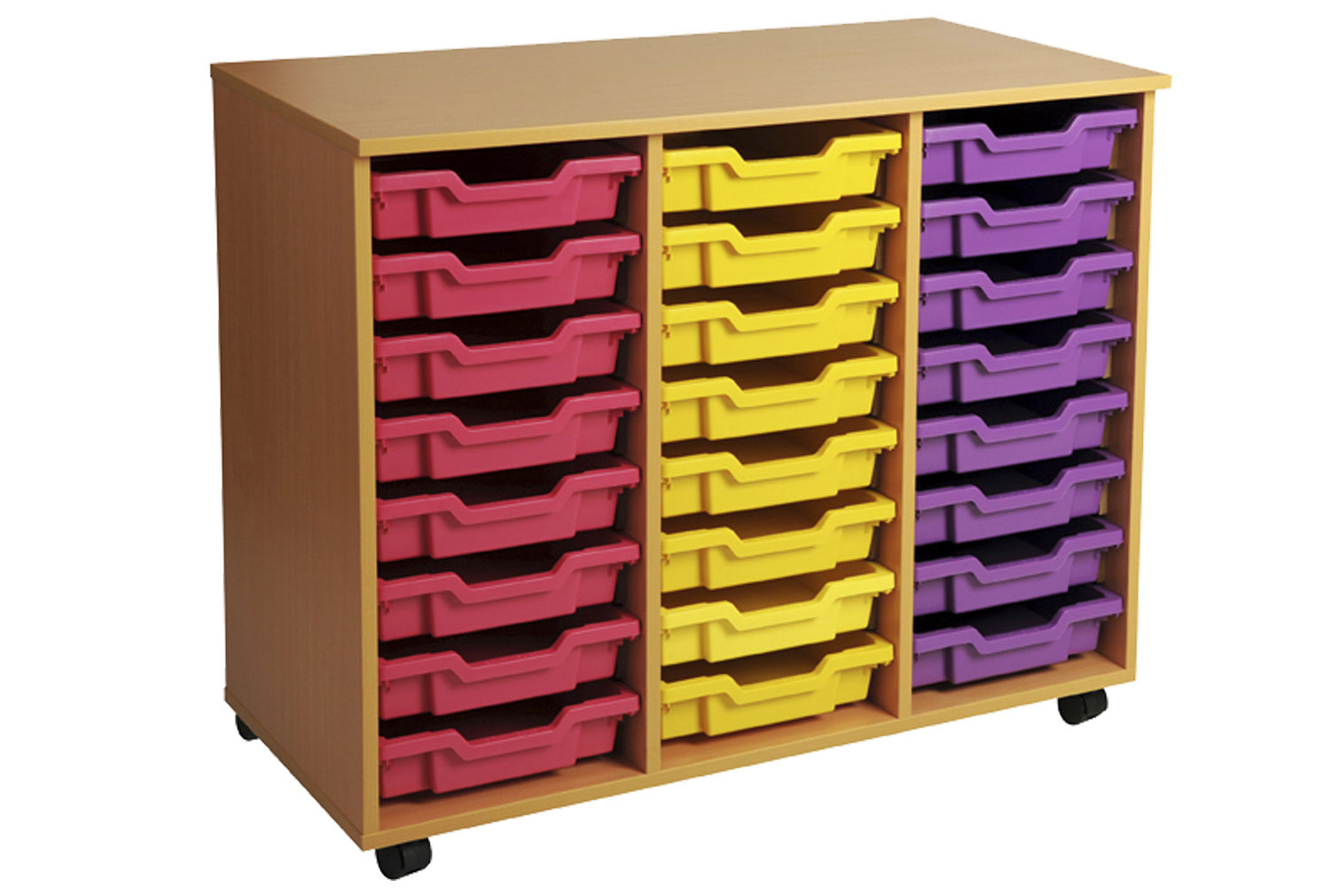 Primary Triple Column Mobile Classroom Tray Storage Unit With 24 Shallow Classroom Trays, Beech/ Translucent Classroom Trays