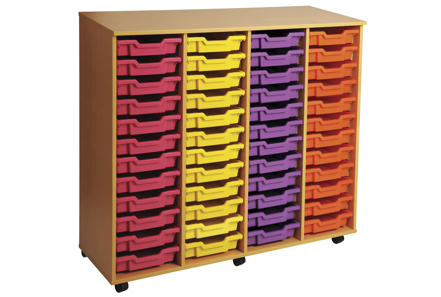 Primary 4 Column Mobile Classroom Tray Storage Unit With 48 Shallow Classroom Trays, Beech/ Blue Classroom Trays